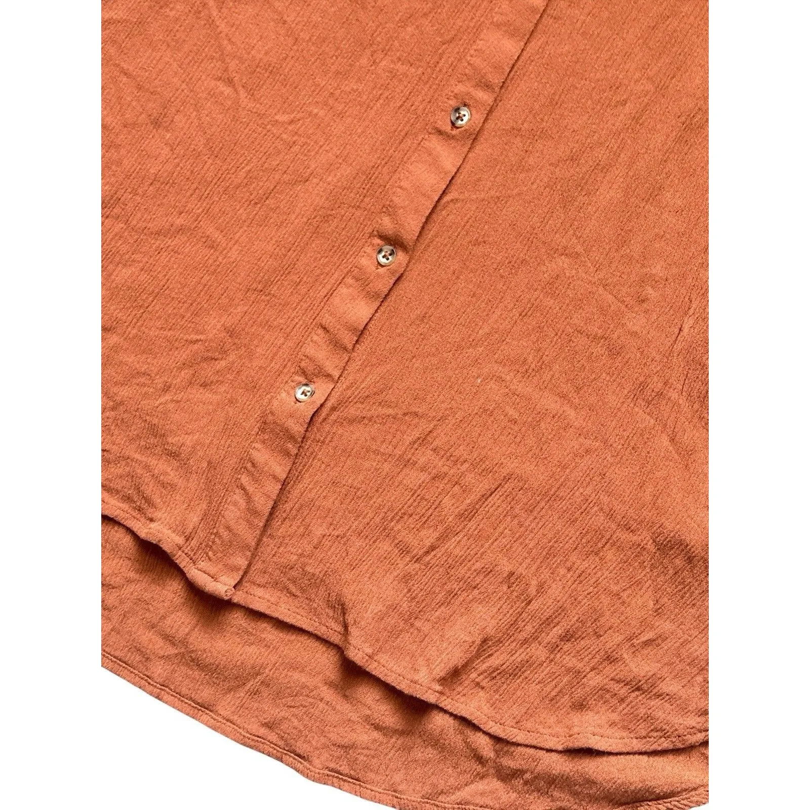 Orvis Women's Large Burnt Orange Rust Woven Crinkle Crape Button Front Blouse - Image 3