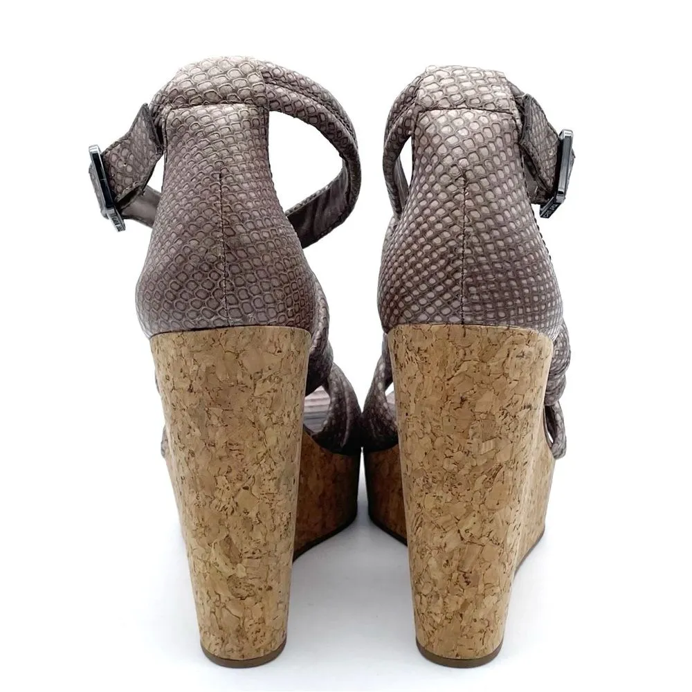 Tory Burch Taupe Reptile Embossed Leather Strappy Cork Wedge Sandals Size 10.5 - Image 11