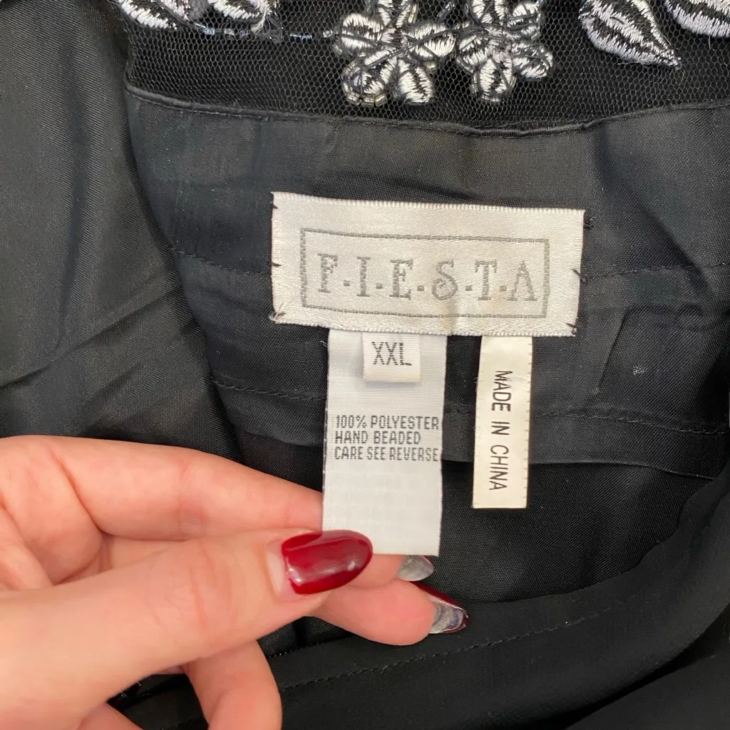 Vintage Black Embroidered Floral Beaded Mesh Evening Gown w/ Scarf | 90’s Y2K Size L - Image 12