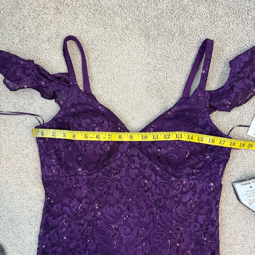 R & M Richards Sequins Lace Cold Shoulder Mermaid Gown Plum Purple 12 - Image 7