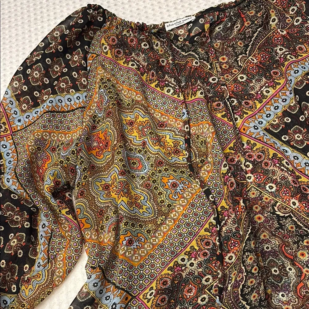 CHA CHA VENTE Size M Bohemian Paisley Floral Semi Sheer Women's Top Blouse Brown Size M - Image 5