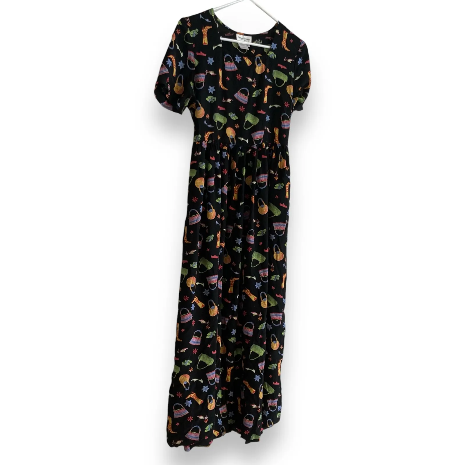 Vintage Y2K Coldwater Creek Black A-Line Dress Whimsical Print Sz Small Rayon - Image 4