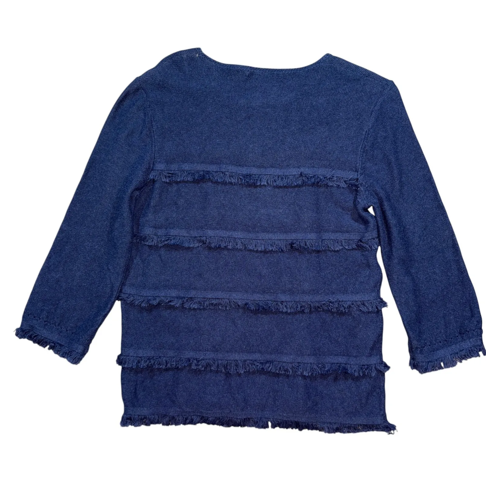 J.McLaughlin Navy Blue Cotton Fringe Trim Knit Sweater Top Womens Medium - Image 4