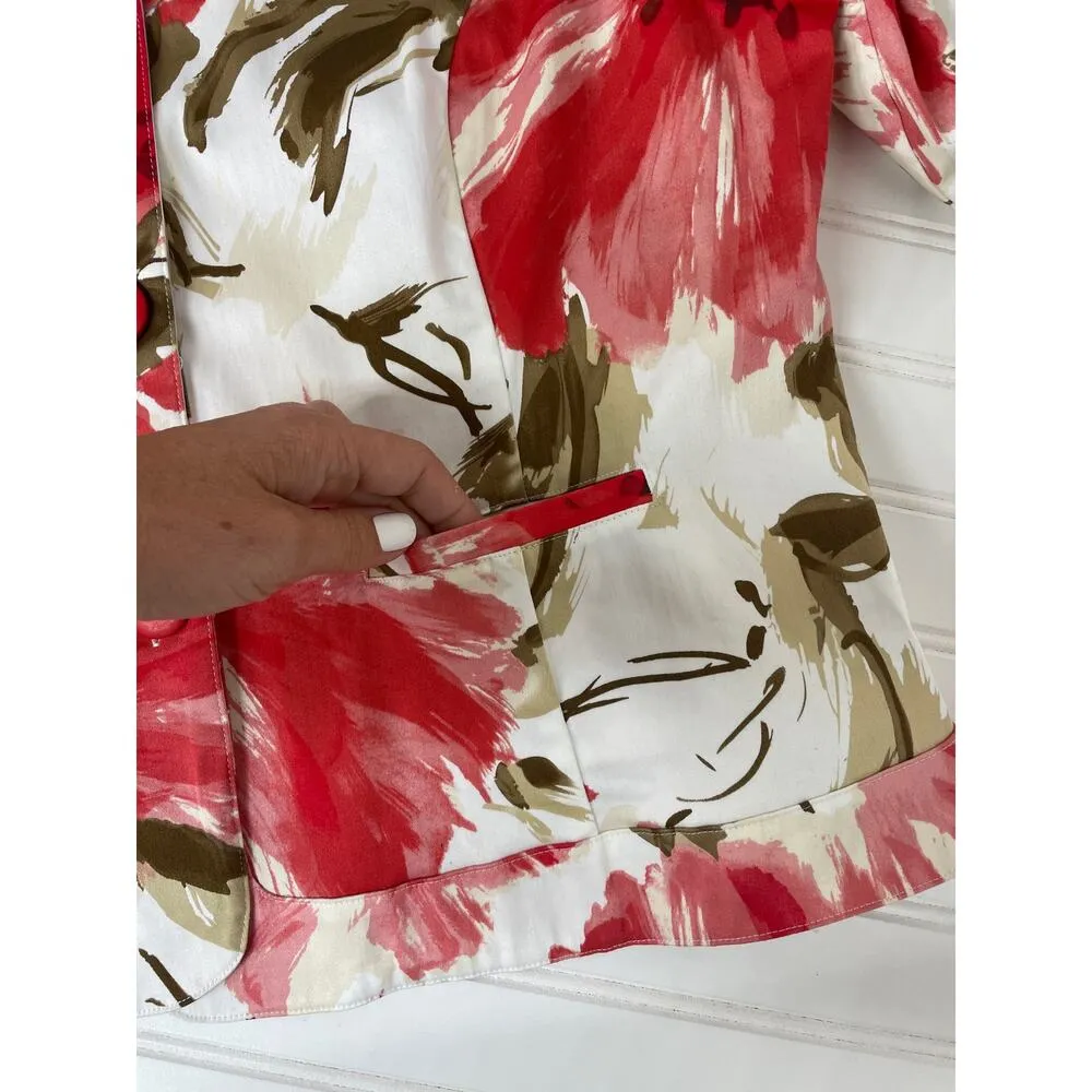 Joanna White & Red Floral Blazer 3/4 Sleeve Stretch Cotton Blend Size L Size L - Image 7