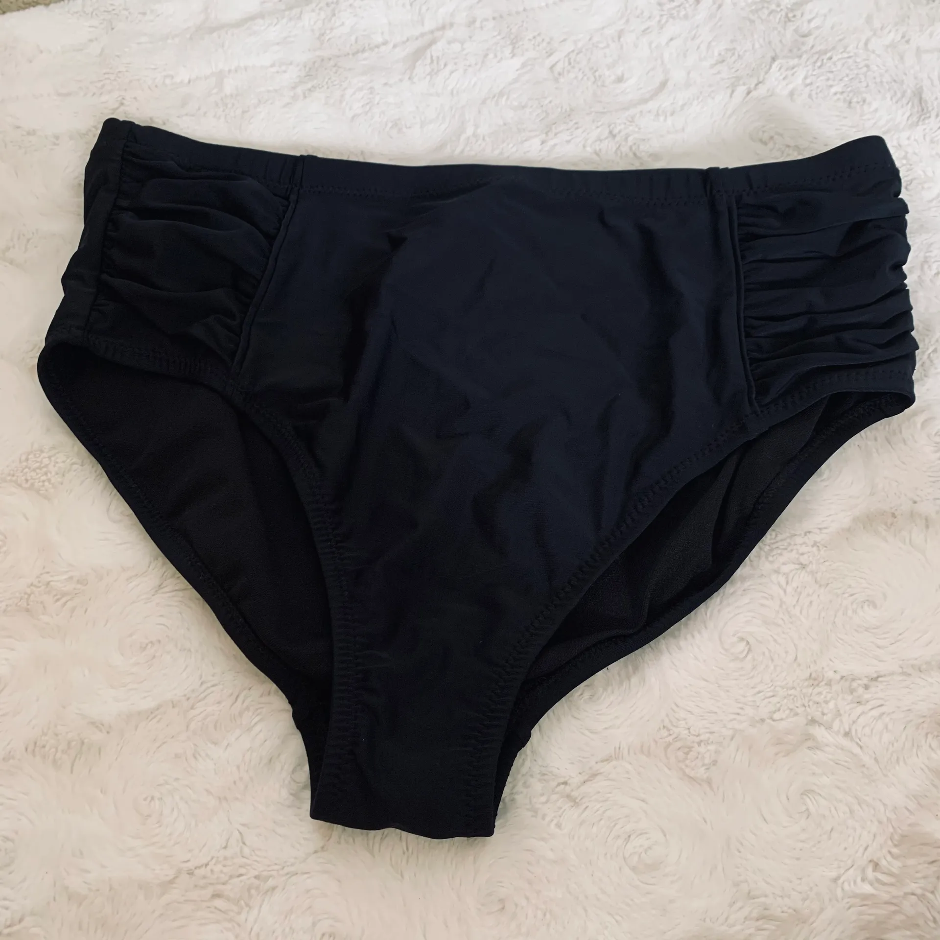 Solid Black Side Shirred High Waisted Bikini Bottom - Image 5