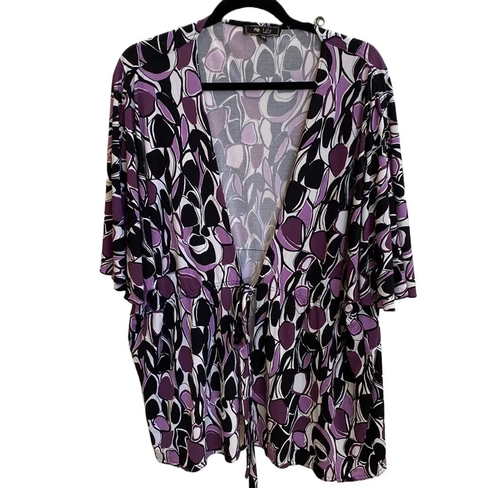 Lily 🩵 Geometric Retro Patterned Long Open Topper, Elastic Waist Front Tie, 2X Blue - Image 12