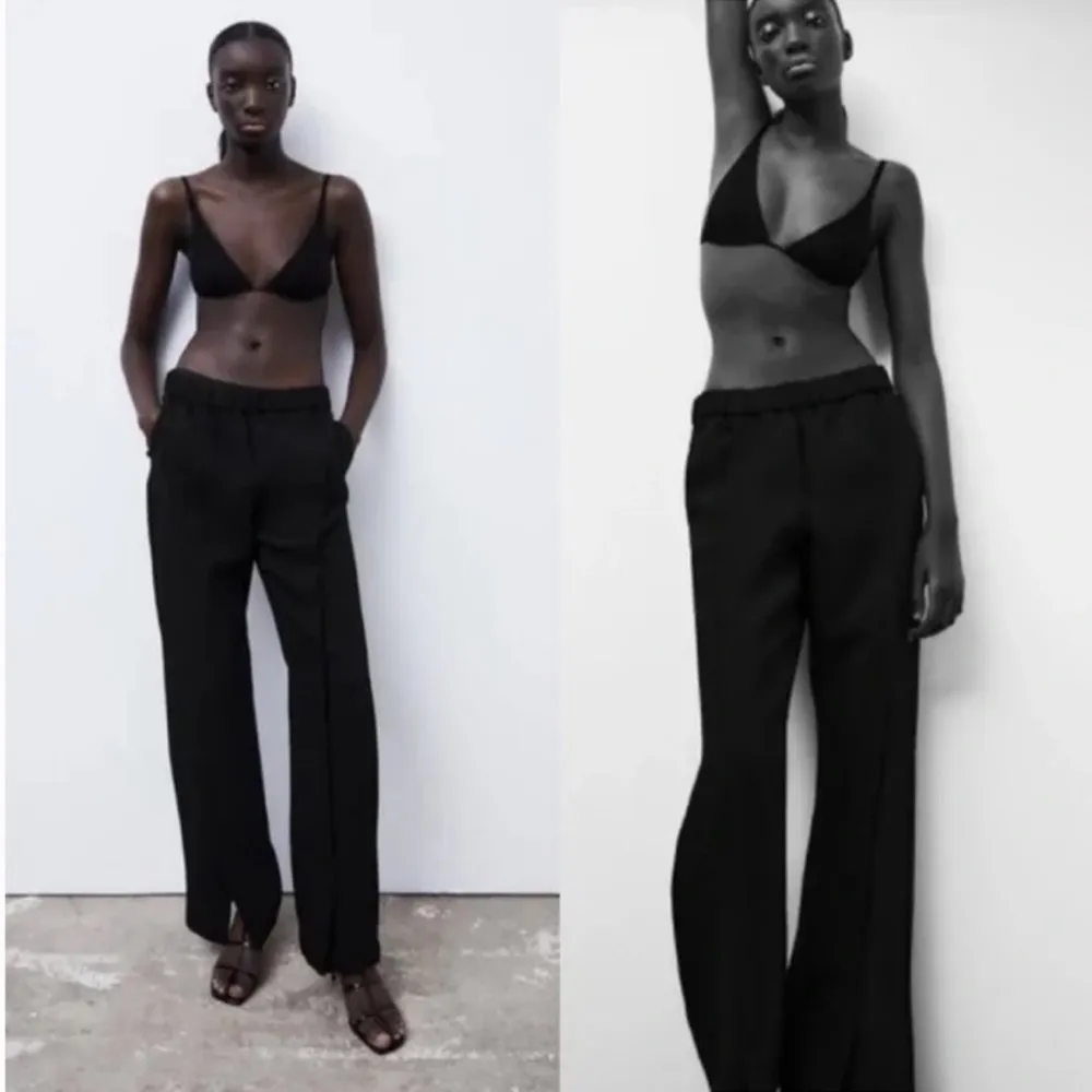 ZARA STRUCTURED SLIT Front Bottom Straight Leg PANTS Black Size XS NEW - Image 3