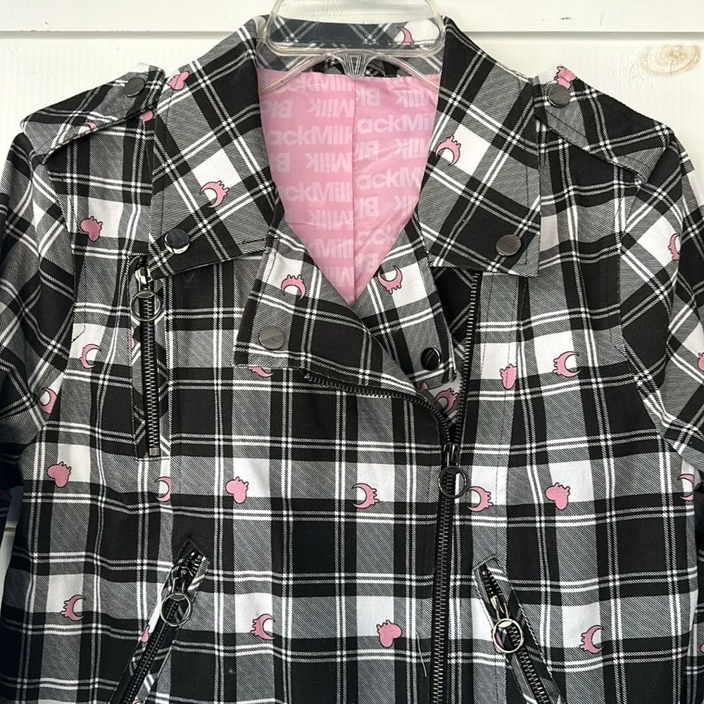 BlackMilk Tartan Heart Moto Jack Women's Size 12 Black Pink Plaid Biker NEW - Image 3