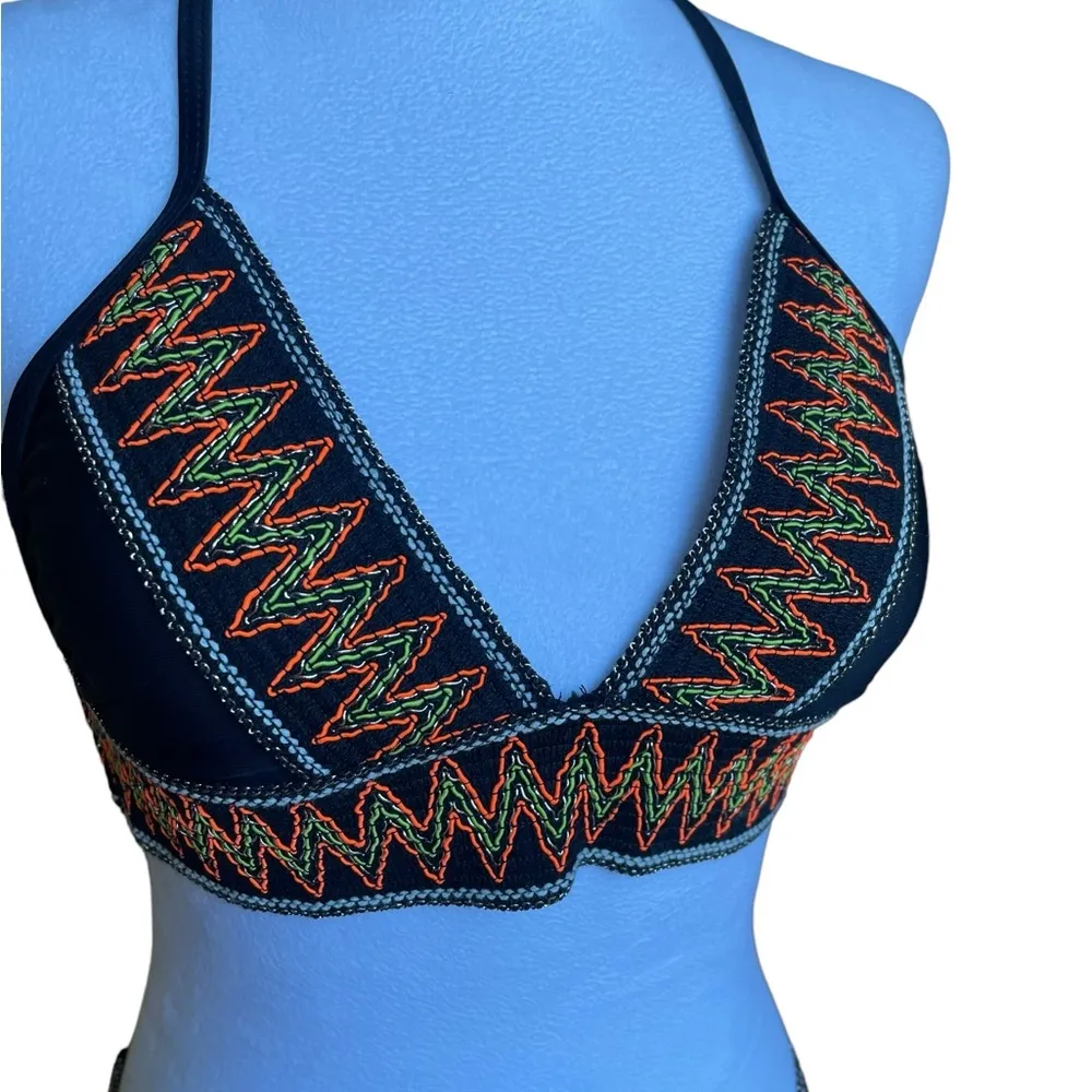 Sexy Black Bikini with Orange Yellow and Green Aztec Design Trim Womens Small - Image 4