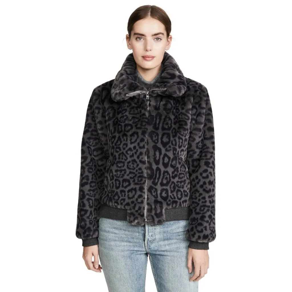 Generation Love Heidi Leopard Faux Fur Bomber Jacket Charcoal Gray Size S - Image 8