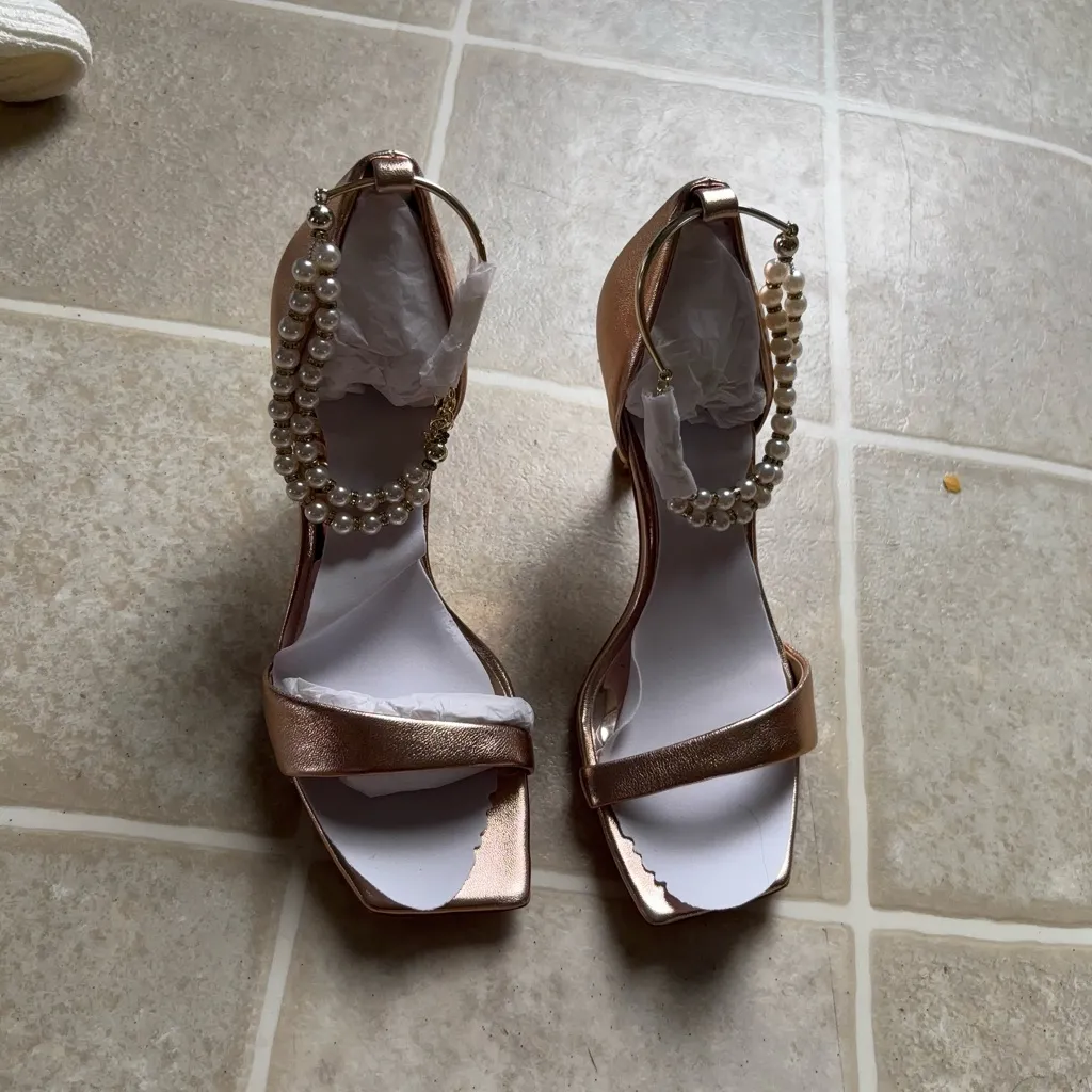 Badgley Mischka Rose Gold Heels with Pearl Strap - Image 2