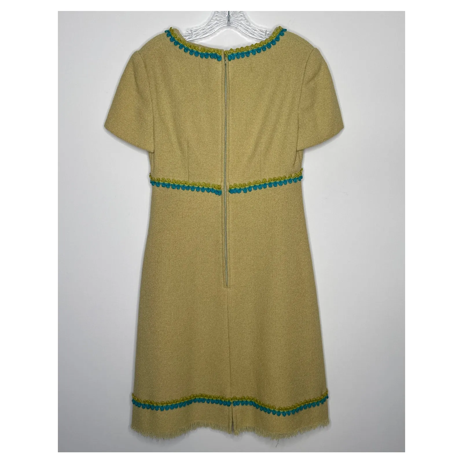 OOAK Vintage 60s mod tweed yellow dress, blue green trim fringe hem Medium - Image 3