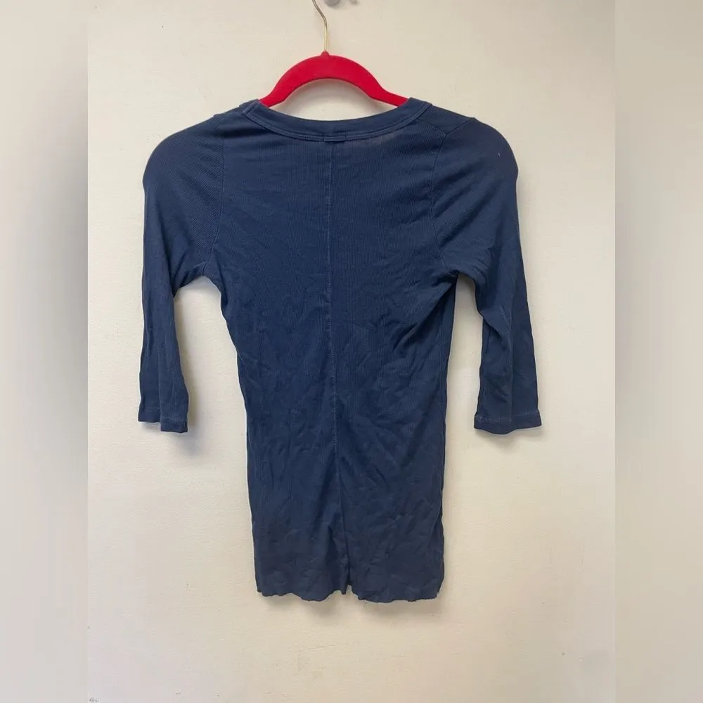 Monrow Navy Blue 3/4 Sleeve Ribbed Semi Sheer Boat Neck Supima Cotton Tee - Image 5