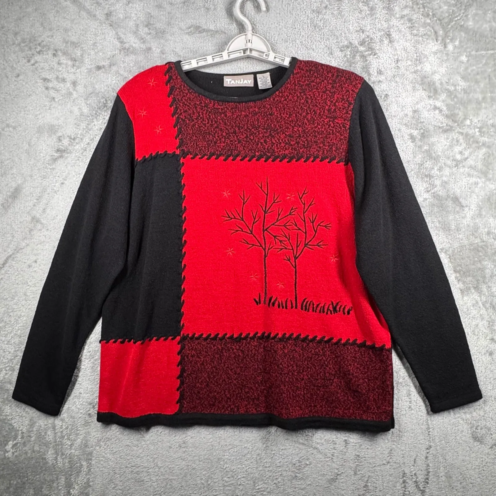 Tanjay Sweater M Embroidered Tree Red Black Colorblock Winter Cabin Chic Vintage Size L - Image 2