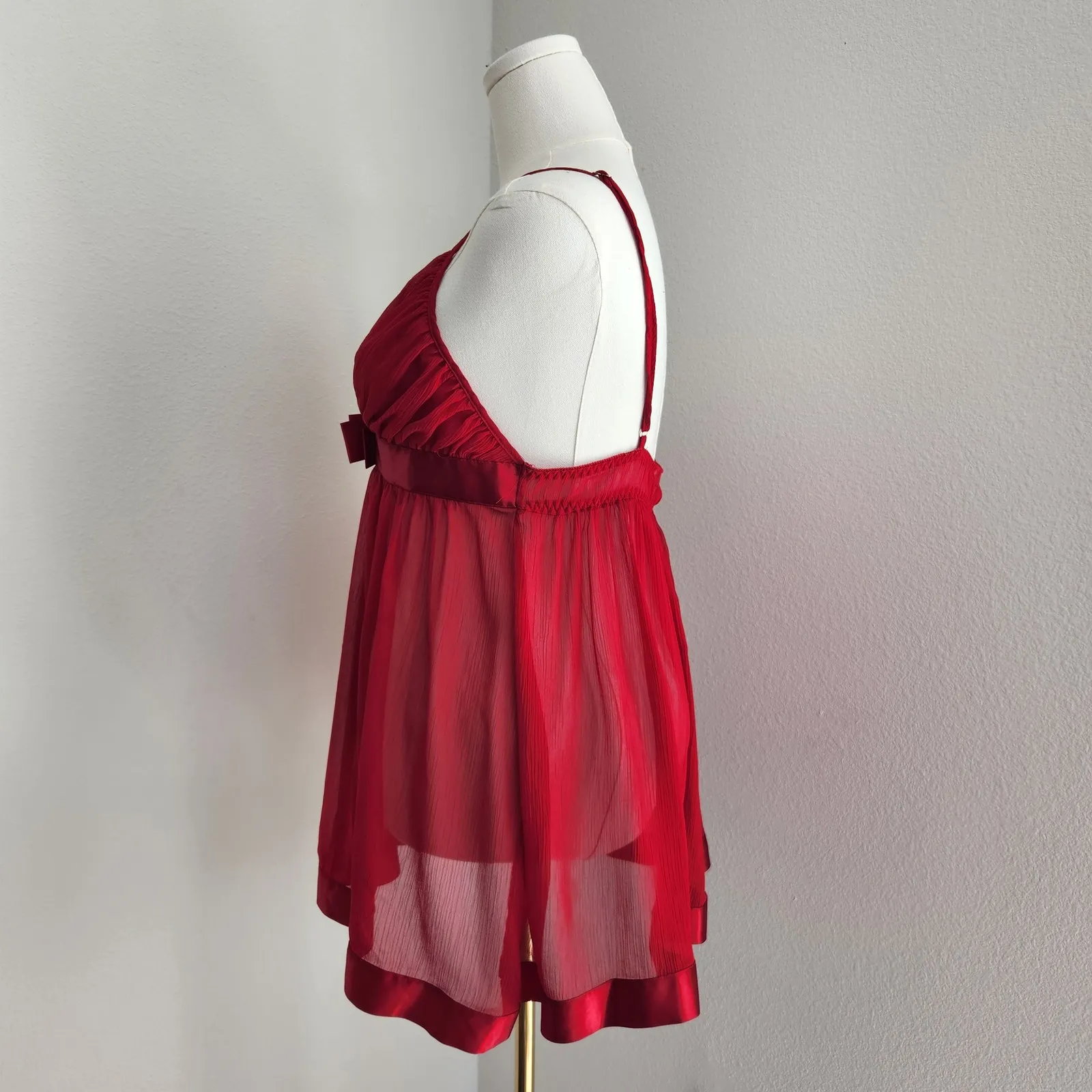 Y2K Vintage Red Babydoll Lingerie Nightie Chiffon Slip Dress Satin Bow L Size L - Image 5