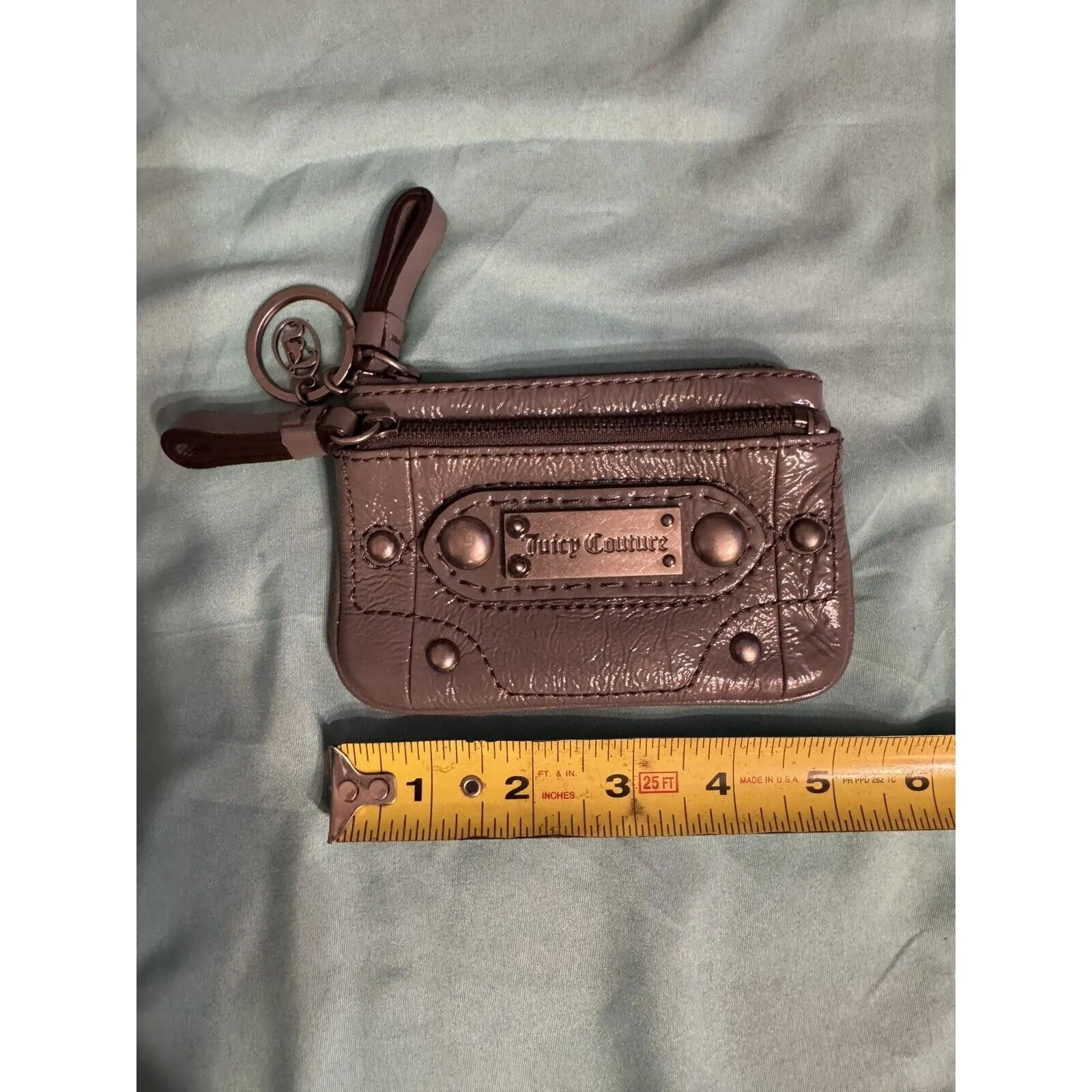 Juicy Couture 100% Leather Coin Purse Wallet Keychain Change Pouch Patent Gray - Image 3
