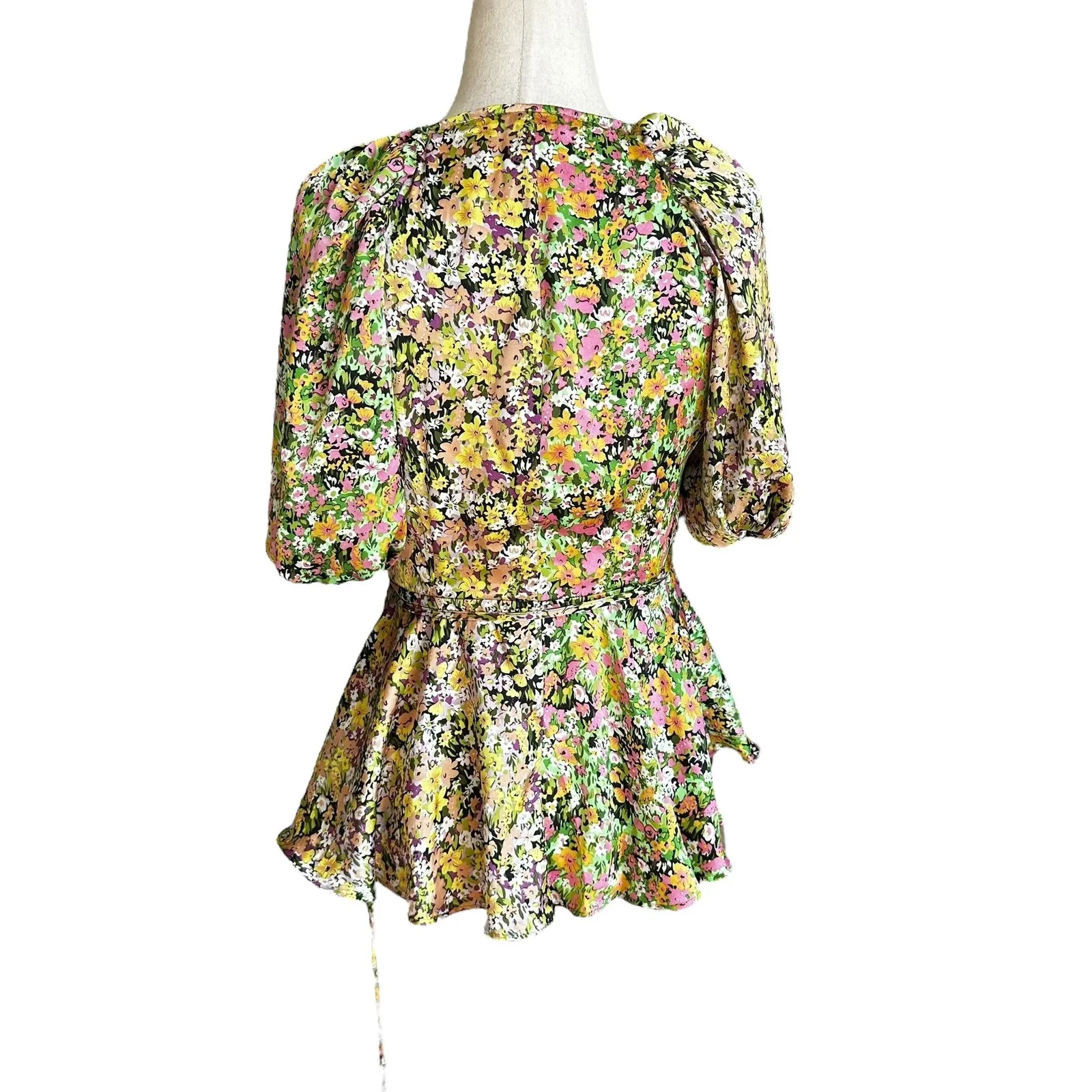 Topshop Multicolor Floral Satin Wrap Around Tie Bow Blouse Women's Size 4  13-33 - Image 2