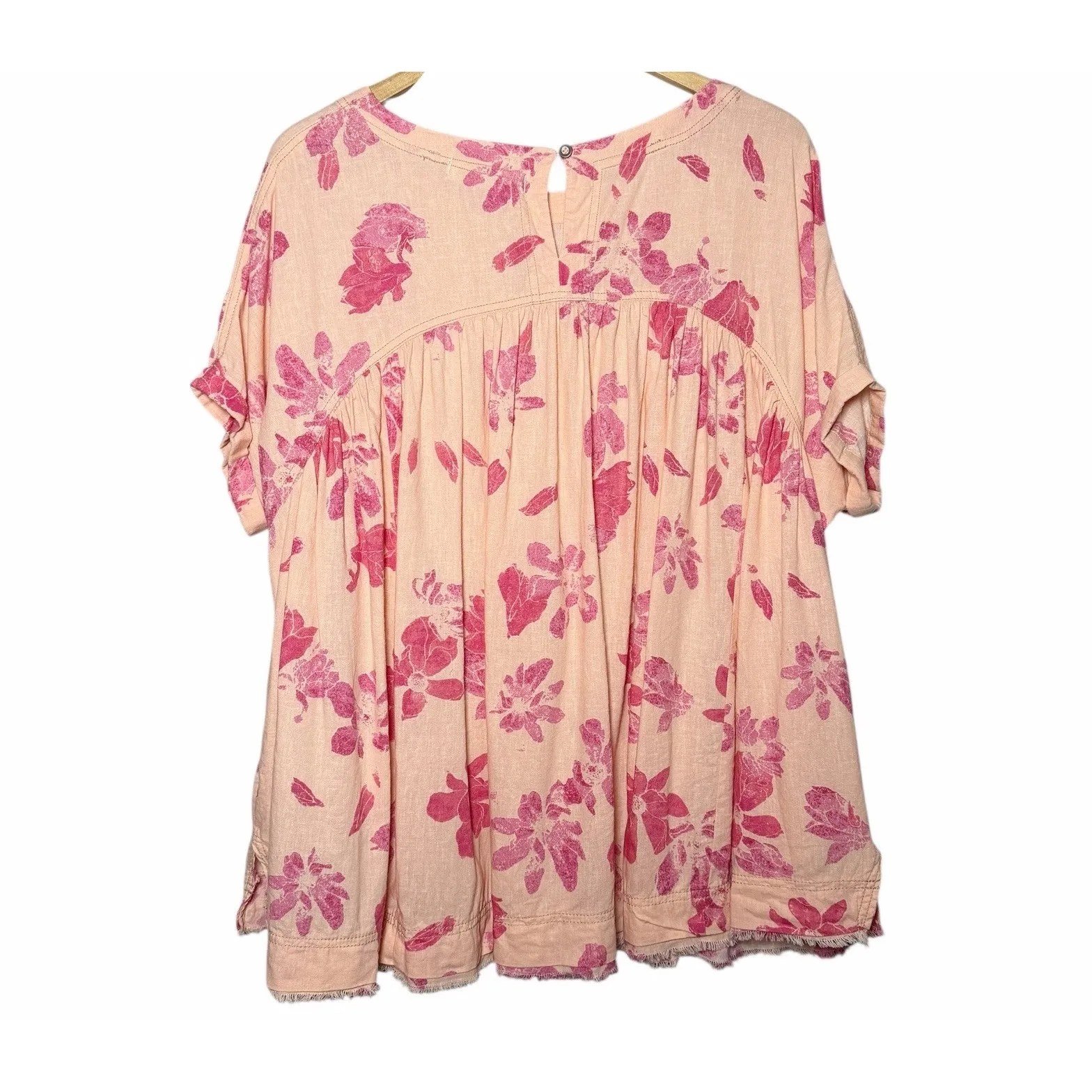 We The Free Moon City Floral Linen Top Peach Pink Ruffle Hem Boho S Oversized - Image 4