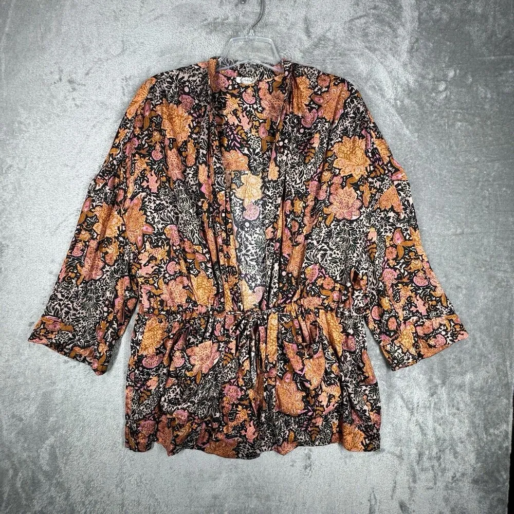 Free People Kimono Women Small Black Orange Floral Topper Flower Hippie Bohemian - Image 2