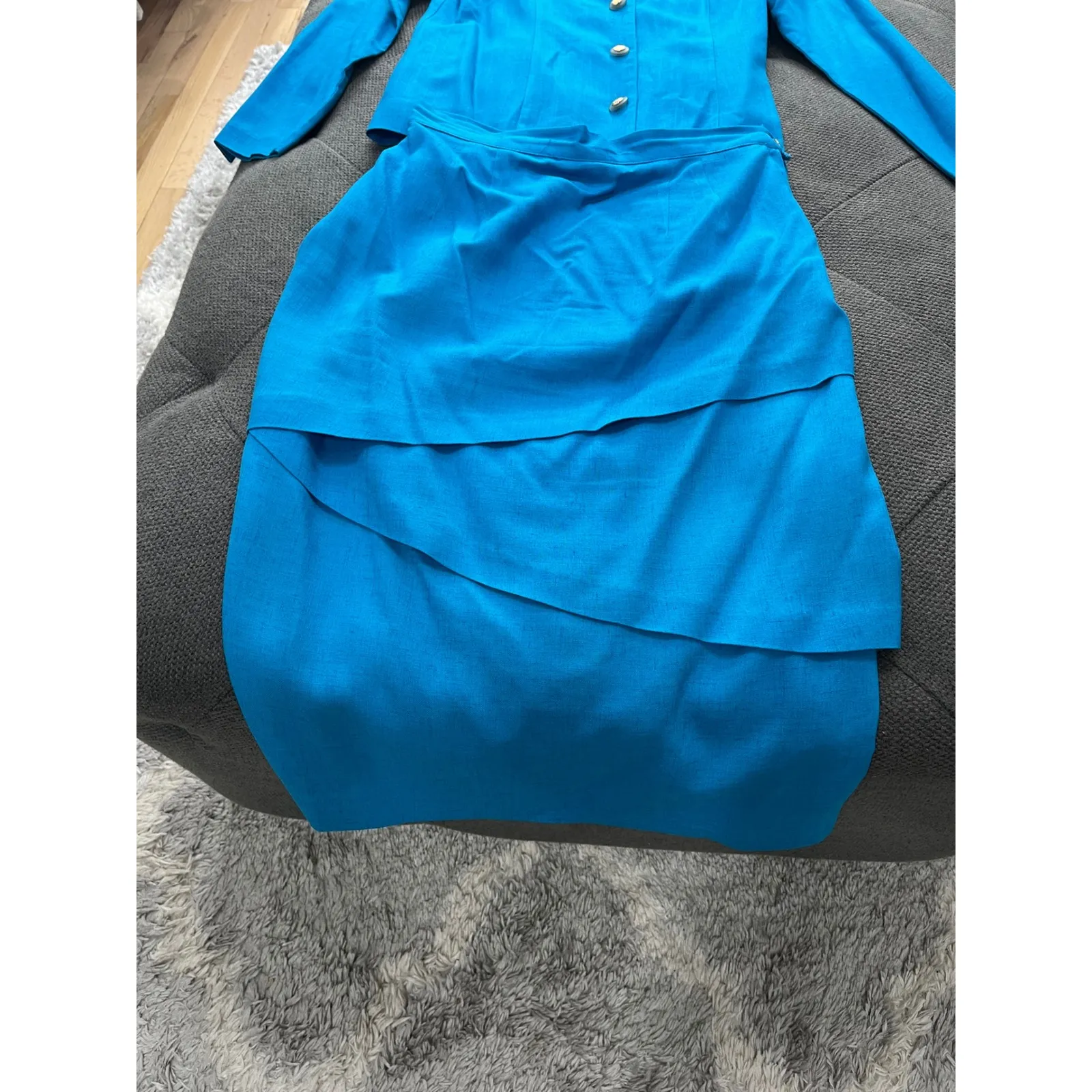 Vintage Skirt Suit Set Gold‎ Buttons Tiered Skirt Rayon Linen Size 8/10 Blue - Image 2