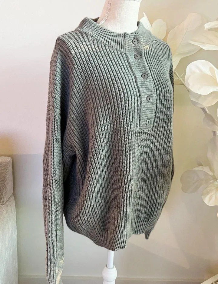 BOHME Woman’s Gray Ribbed Button-Up Long Sleeve Sweater - Image 2