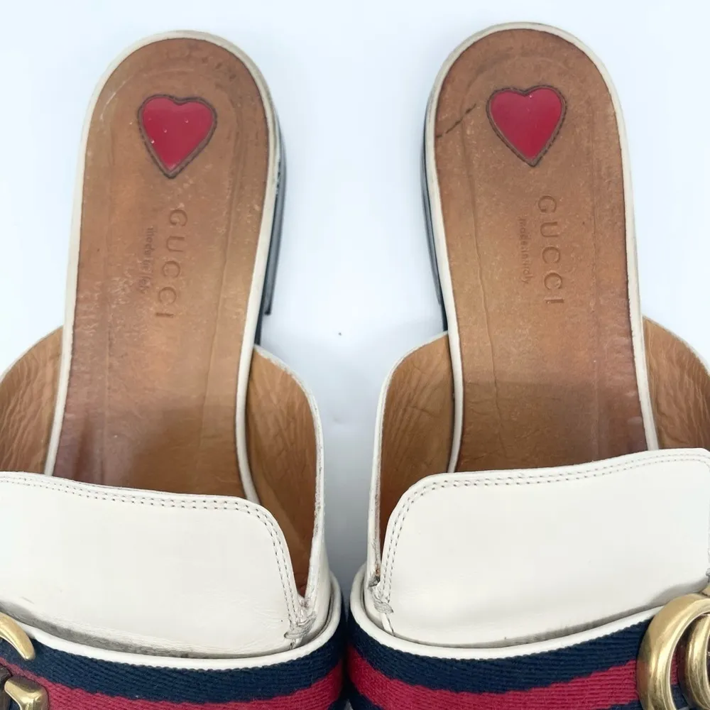 Gucci GG Logo Marmont Red Blue Web Canvas White Leather Mules Loafers EU 38.5 - Image 3