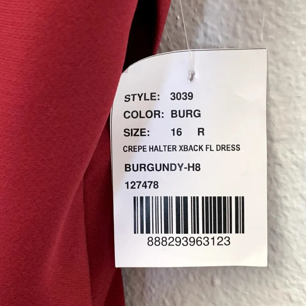 NWT Dessy Collection High Neck Backless Crepe Trumpet Gown in Burgundy 3039 Red Size 16 - Image 6