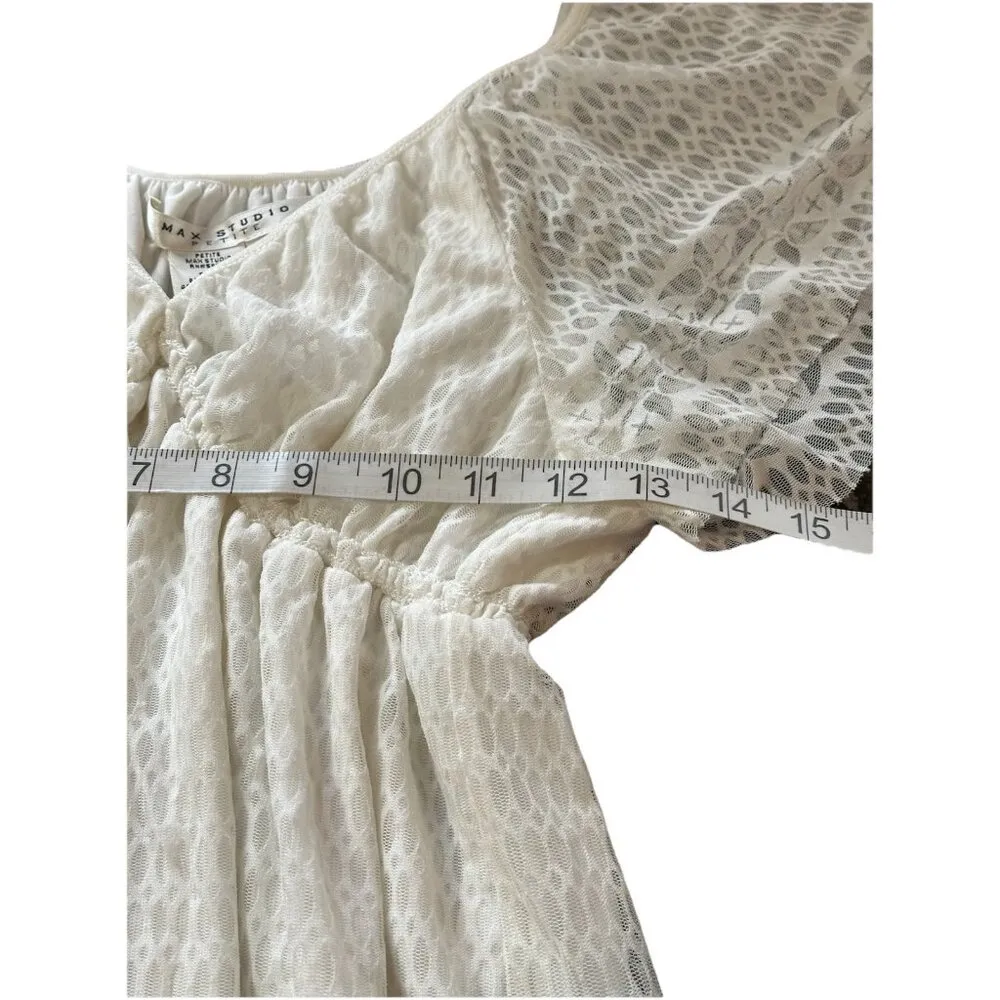 Max Studio Petites Babydoll Tunic Lace Blouse V Neck Eyelet Lined Flutter Sleeve - Image 7