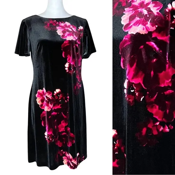 Whimsigoth Black Velvet Dress Asymmetrical Pink Floral Pattern. Sz 12. 90s Vibes - Image 2