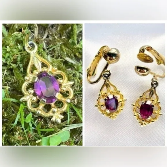 Avon Vintage Pendant Elegant Gold and Purple Drop Clip on Earrings Set - Image 2
