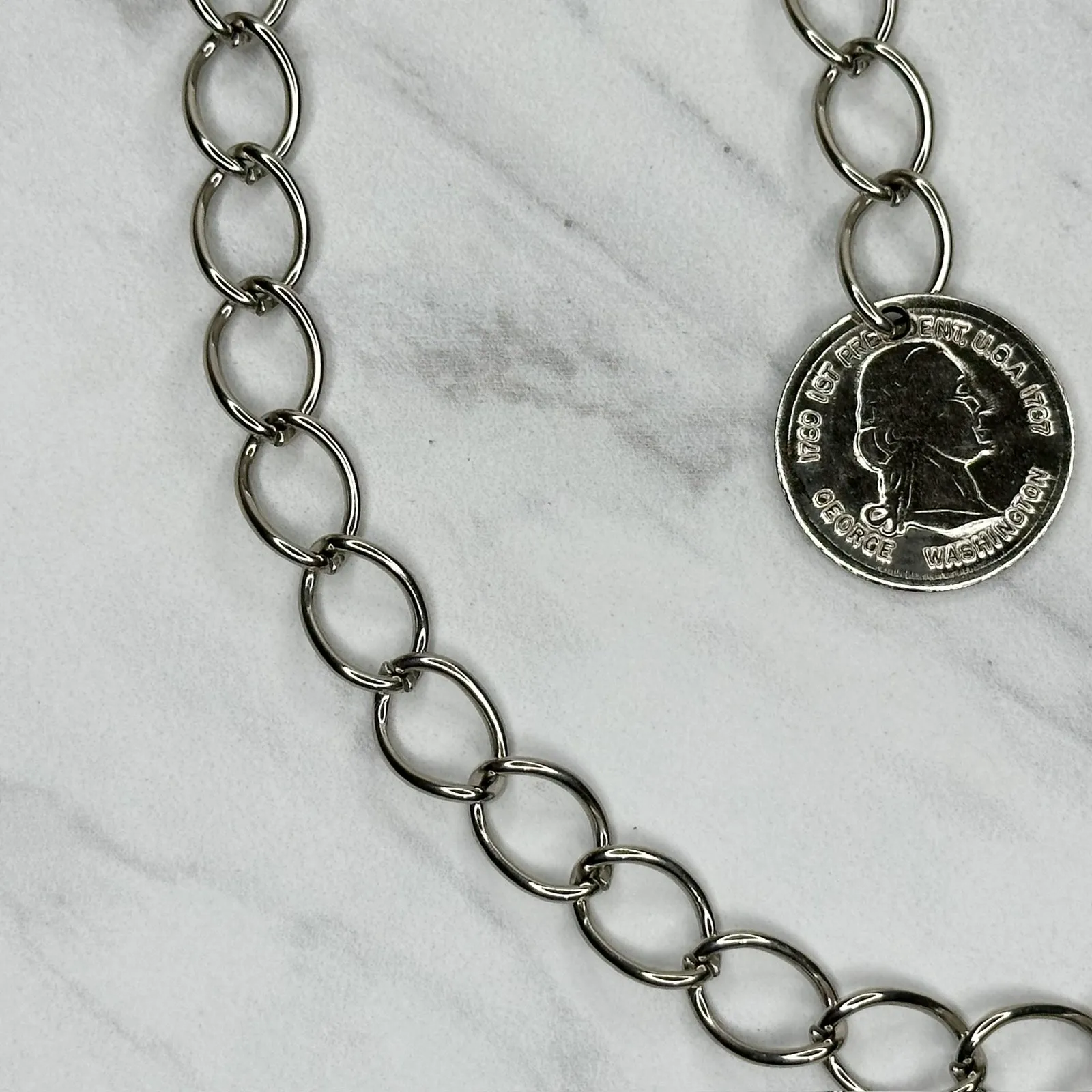 George Washington Coin Charm Silver Tone Metal Chain Link Belt One Size (OS) ✨ - Image 8