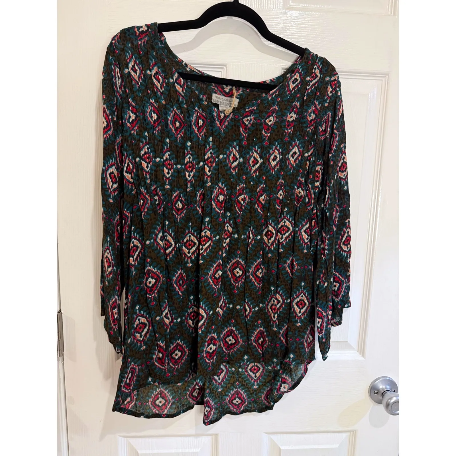 World Market Bohemian Tunic Top Diamond Print Long Sleeve‎ L/XL Red Size L - Image 2