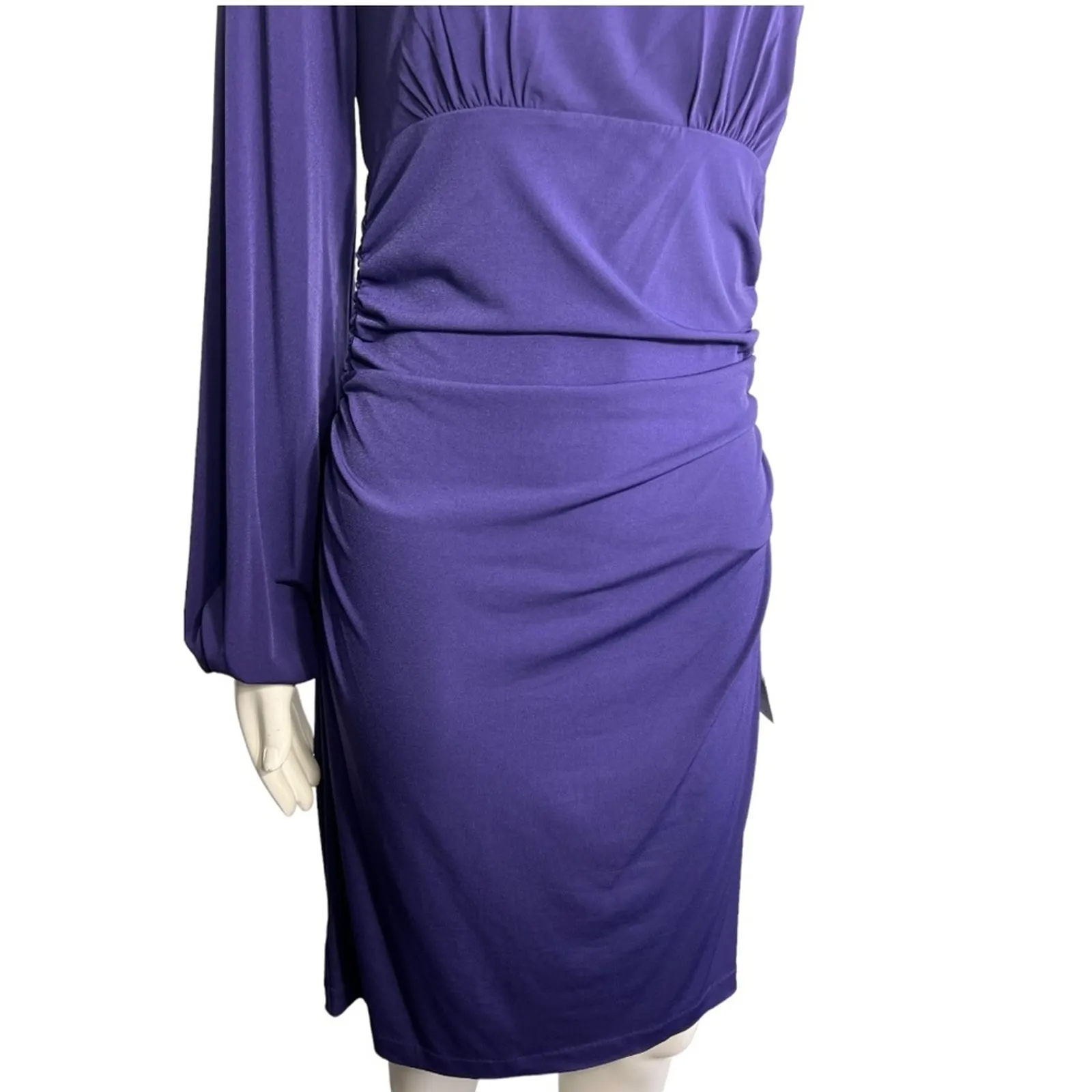 Maggy London Midi Fitted Ruched One Shoulder Purple Dress 10 - Image 6
