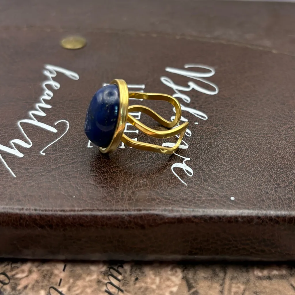 Blue Lapis Gemstone Ring • Gold Adjustable • Handmade Boho Vintage Style - Image 5