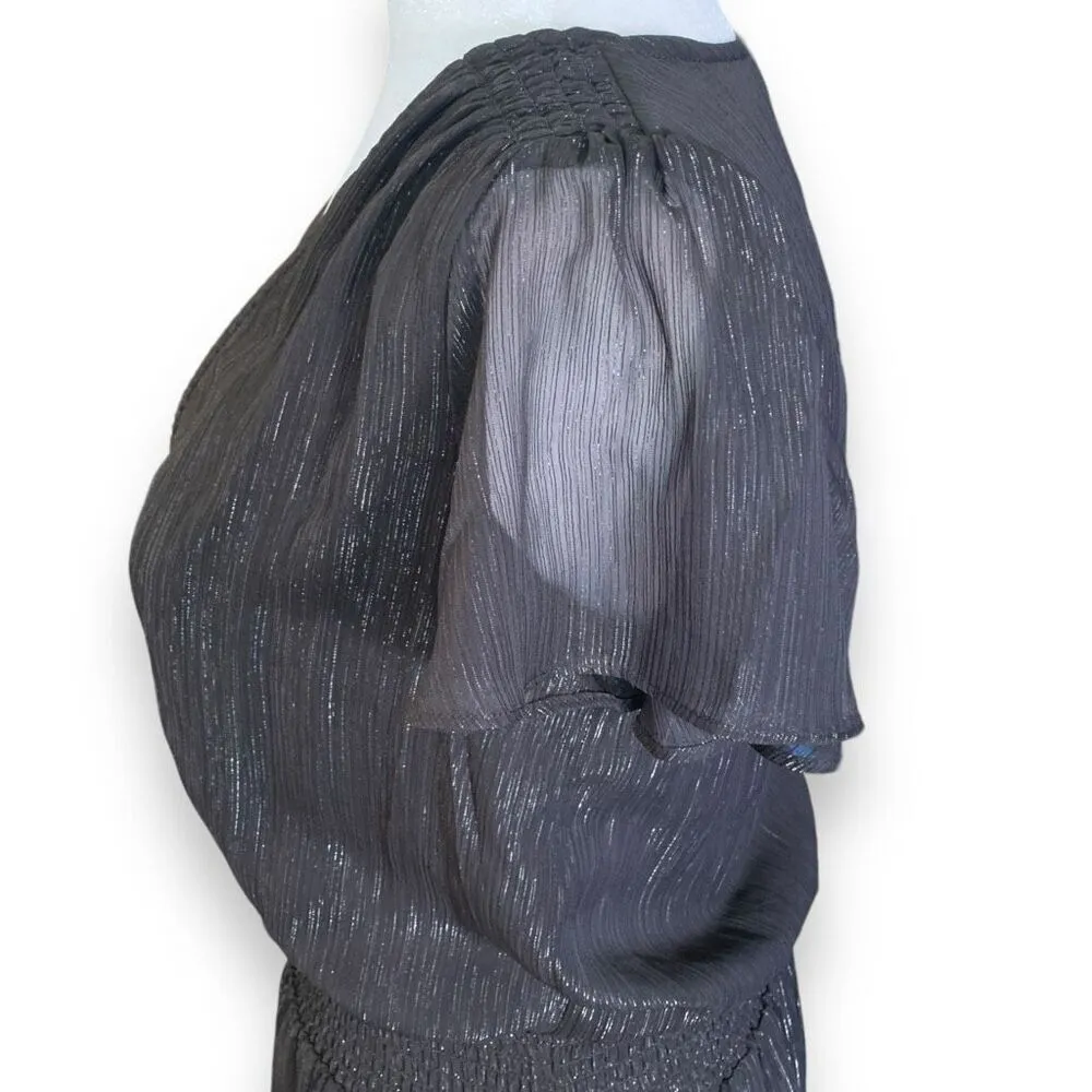 Michael Kors Dress Faux Wrap Black Metallic Shimmer Asymmetrical Ruffle Sheer - Image 9