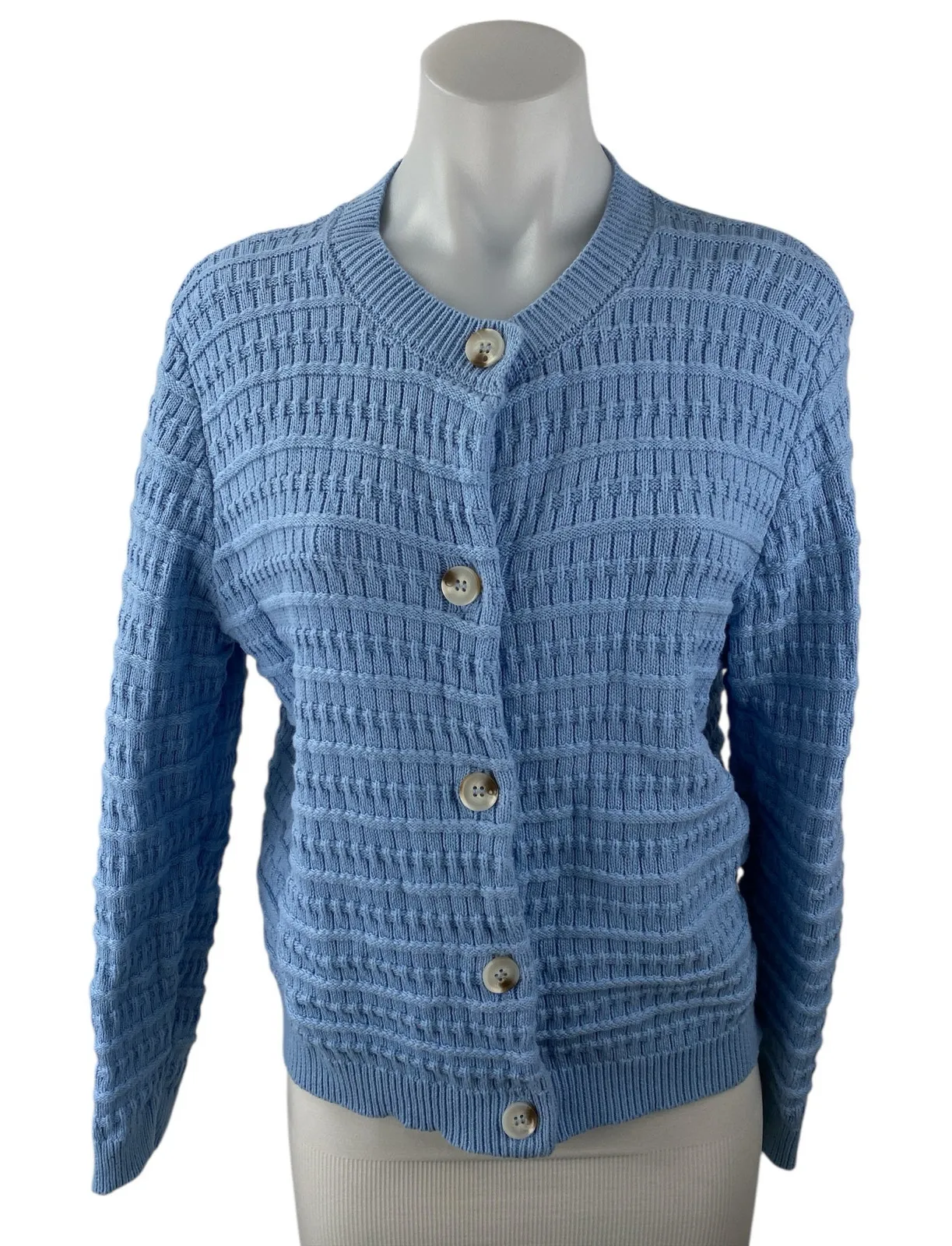 Pretty Garden Blue Ribbed Knit Long Sleeve Button Up Cardigan Sweater Top Size S - Image 1