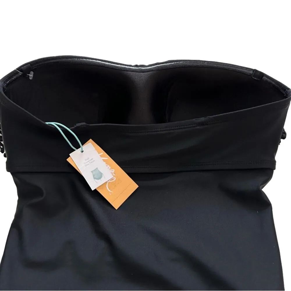 Kona Sol Swimsuit One Piece Black Crochet Flounce Strapless Small NEW - Image 8