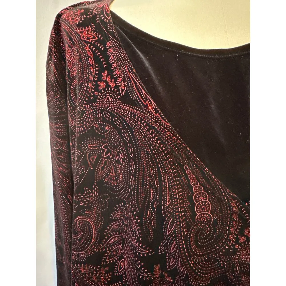 Notations SPARKLY Red and Black Velour Blouse with Side tie piece SZ XL - Image 2