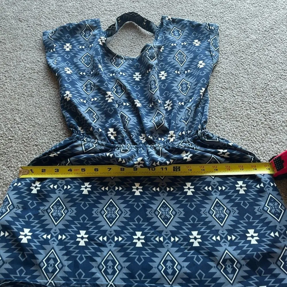 Pink Rose Women’s Blue Aztec Bohemian Print Pocket Short Sleeve Mini Dress Small - Image 10