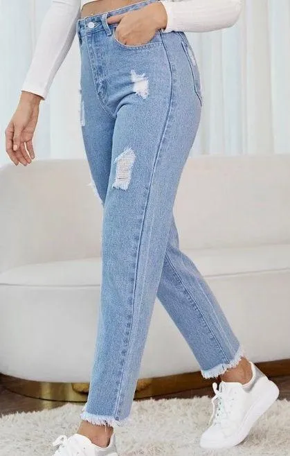 SheIn High Waist Ripped Raw Hem Straight Leg Jeans - Image 4