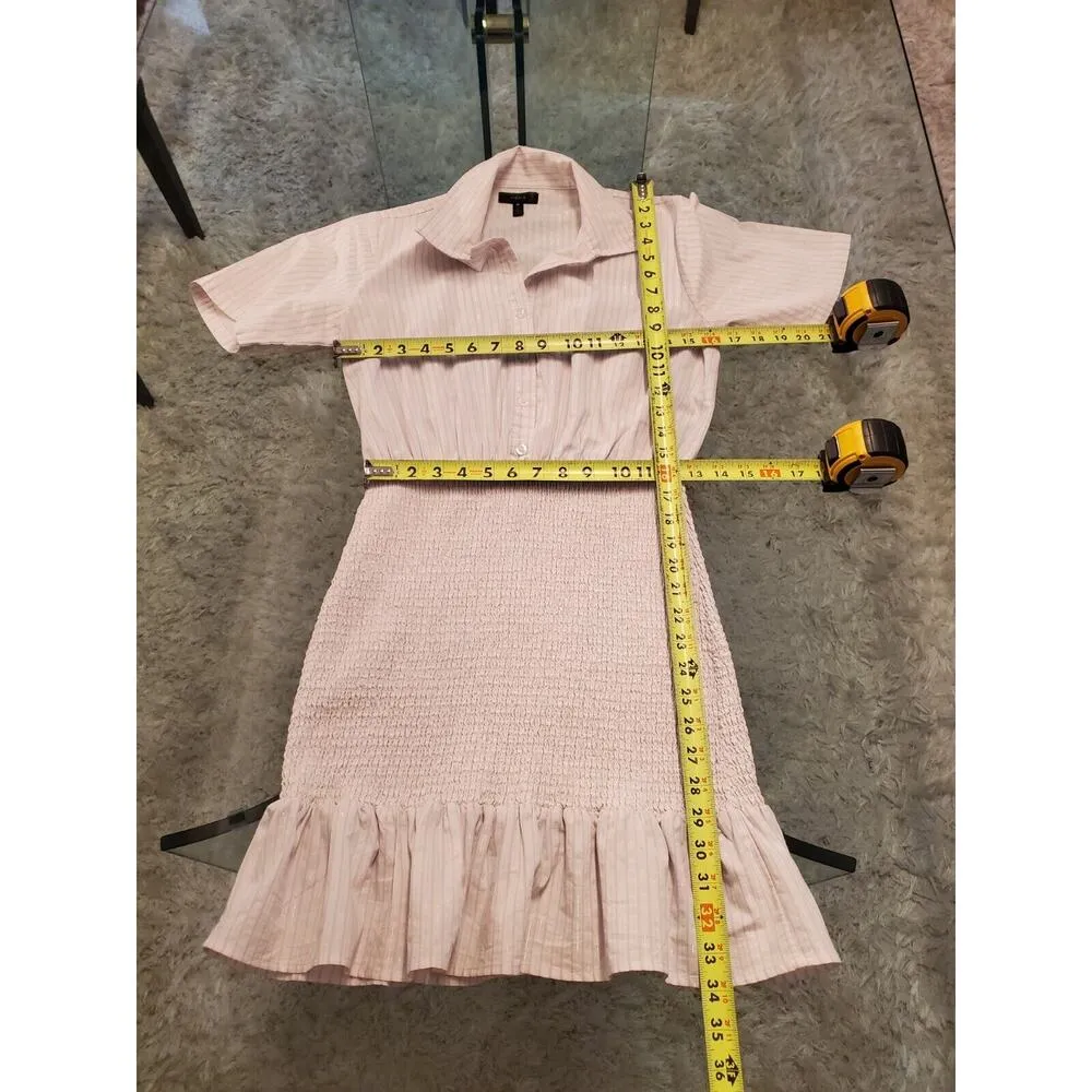 Aqua Cream Striped Smocked Cotton Collared Short Sleeve Ruched Shirt Dress M - Image 7