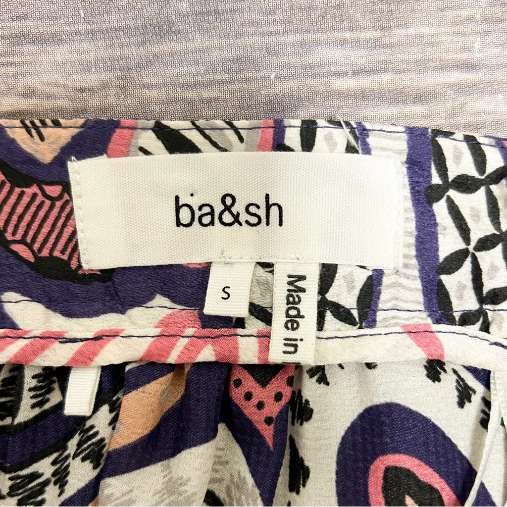 BASH BA&SH Janel Pink Purple Boho Print Lightweight Pleated Satin Midi Skirt - Image 10