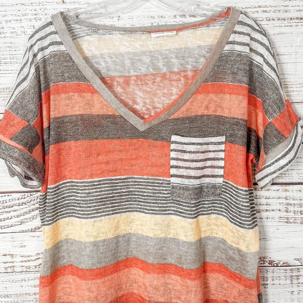 Flamingo Urban Coral and Yellow Striped Pocket V-Neck Shirt, EUC, Size Small - Image 5