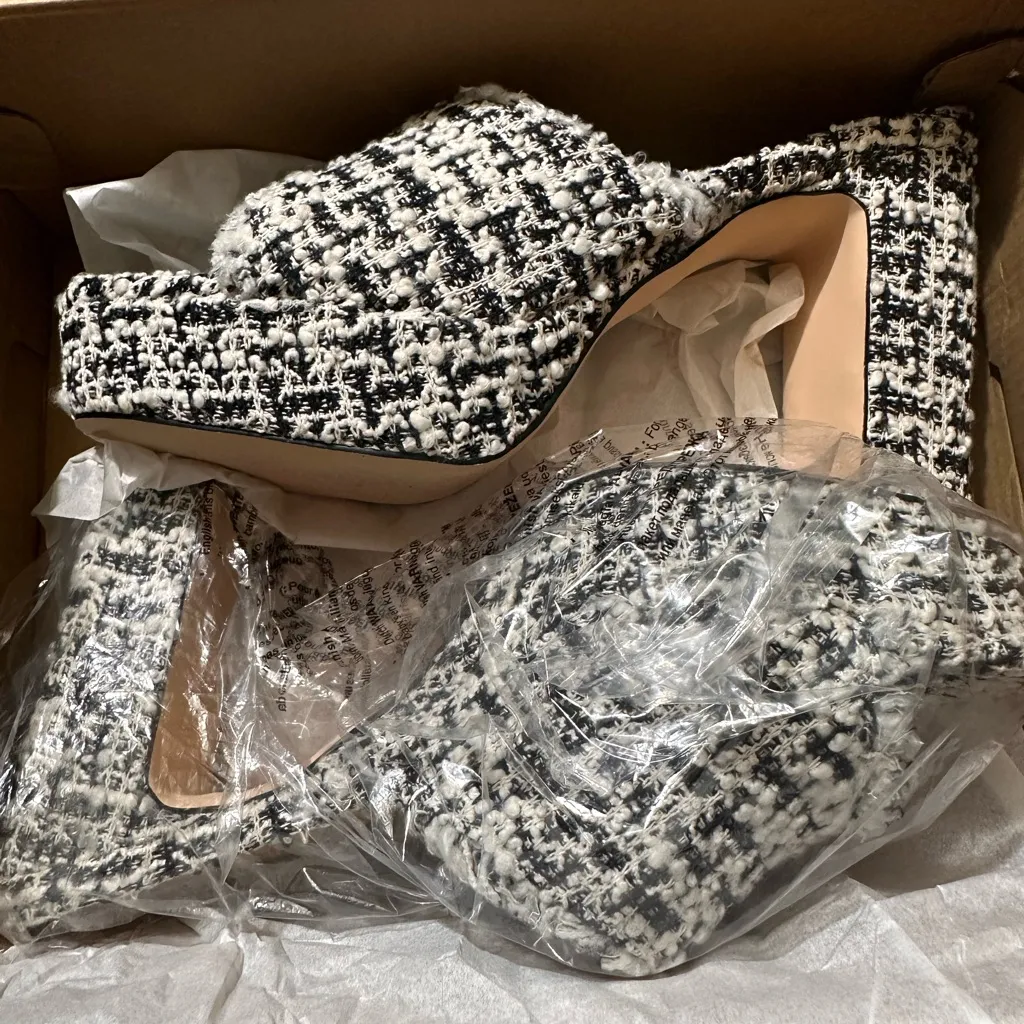 Tweed Platform Mule Heels Black White Chunky Block Heel Slip On Sandals NEW - Image 7