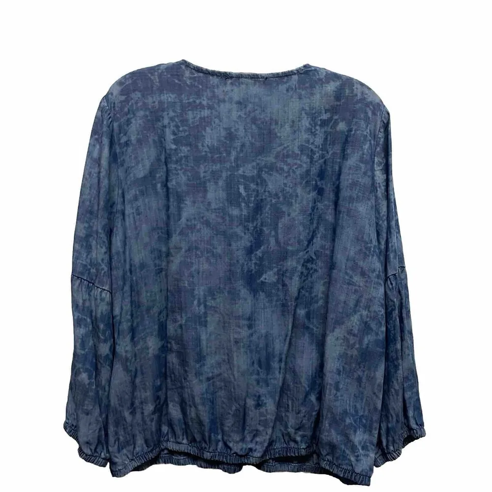 White House Black Market Womens Large Blue Tie Dye 3/4 Sleeve Lace Up Denim Top - Image 7