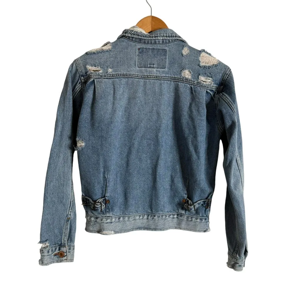American Eagle Distressed Denim Jacket Women Size XXS Blue‎ Jean Frayed Edgy - Image 4