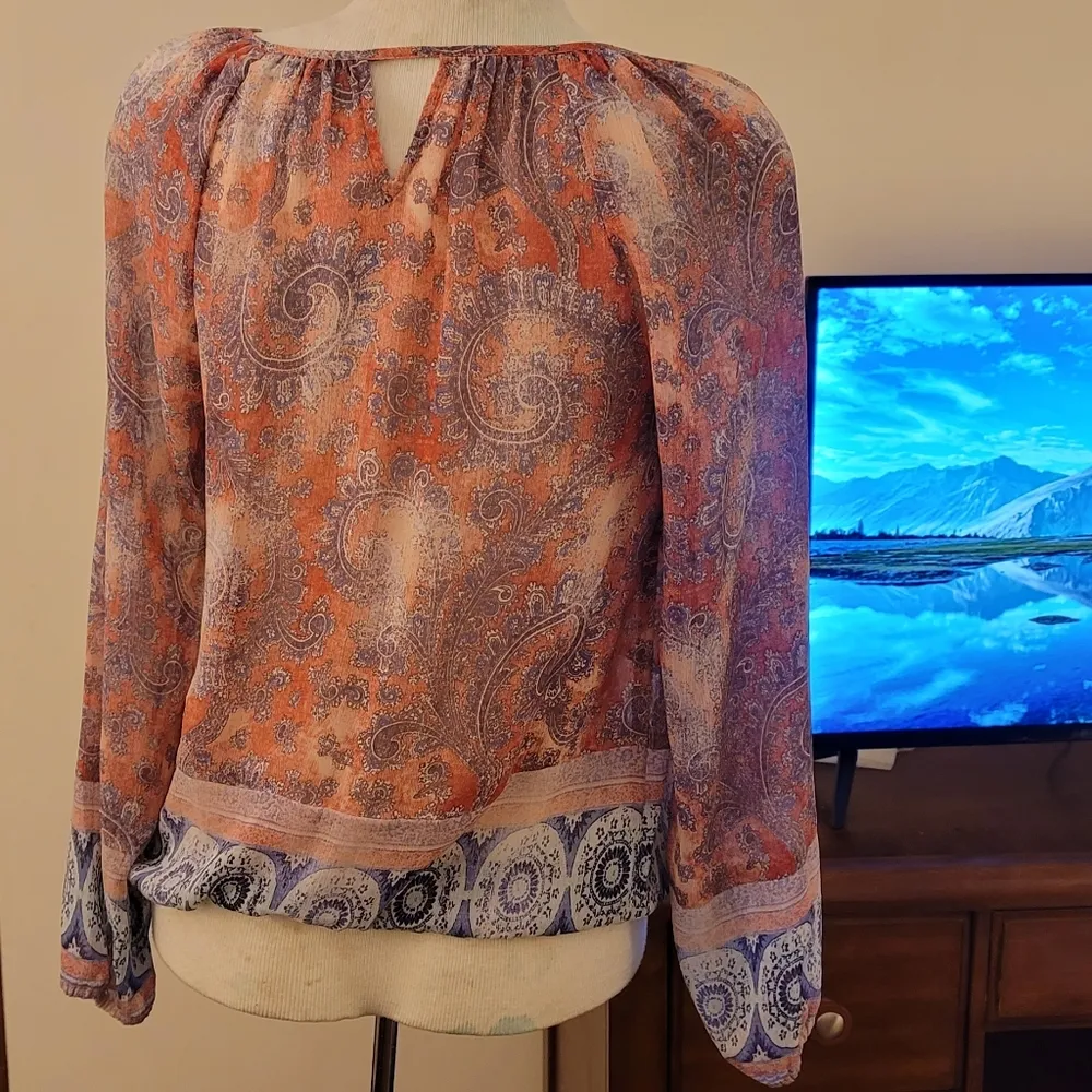 🔥SALE🔥Lucky Brand Orange Multicolor BOHO Style Longsleeve Blouse S - Image 6