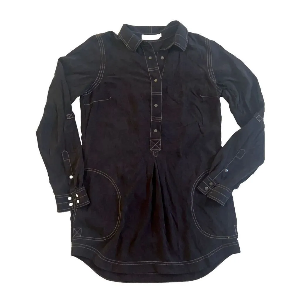 Go Silk Long Sleeve Tunic Popover Blouse Gray Snap Closure Pockets Size S - Image 3