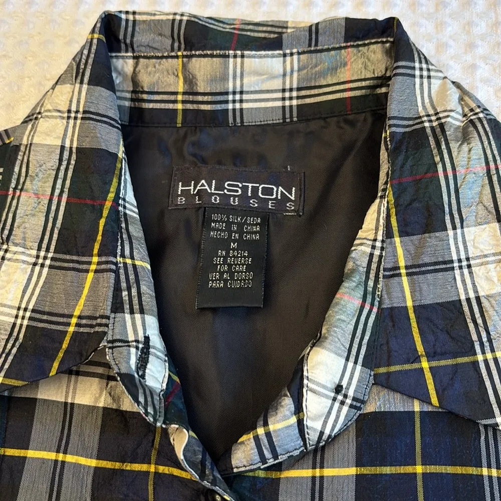 HALSTON BLOUSES Size MEDIUM Silk Plaid Vest Sleeveless Blouse Green Blue White - Image 3