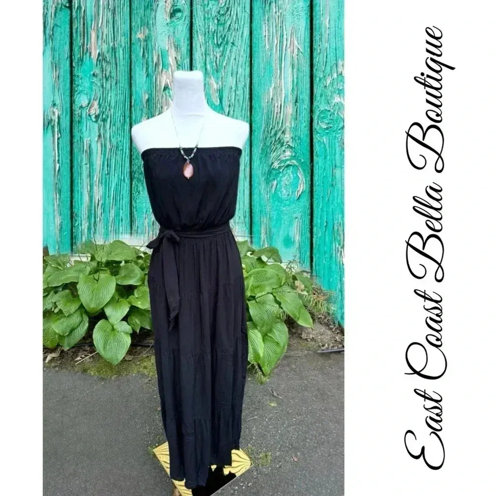 Elegant Off Shoulder Ruffle Boutique Dress Tie Waist Maxi Black Beach Boho Sz L Size L - Image 2